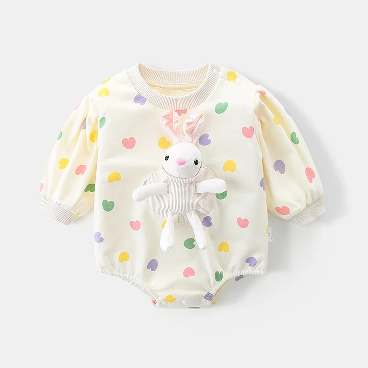 Baby Girl 3D Rabbit Doll and Heart Pattern Long Sleeve Bodysuit