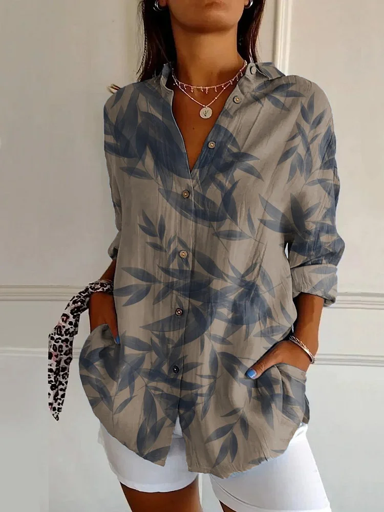 Vintage Botanical Print Casual Long Sleeve Shirt
