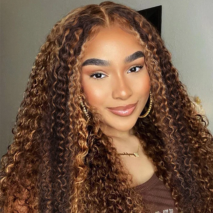 Honey Blonde Highlight Kinky Curly 13x4 HD Lace Front Wigs