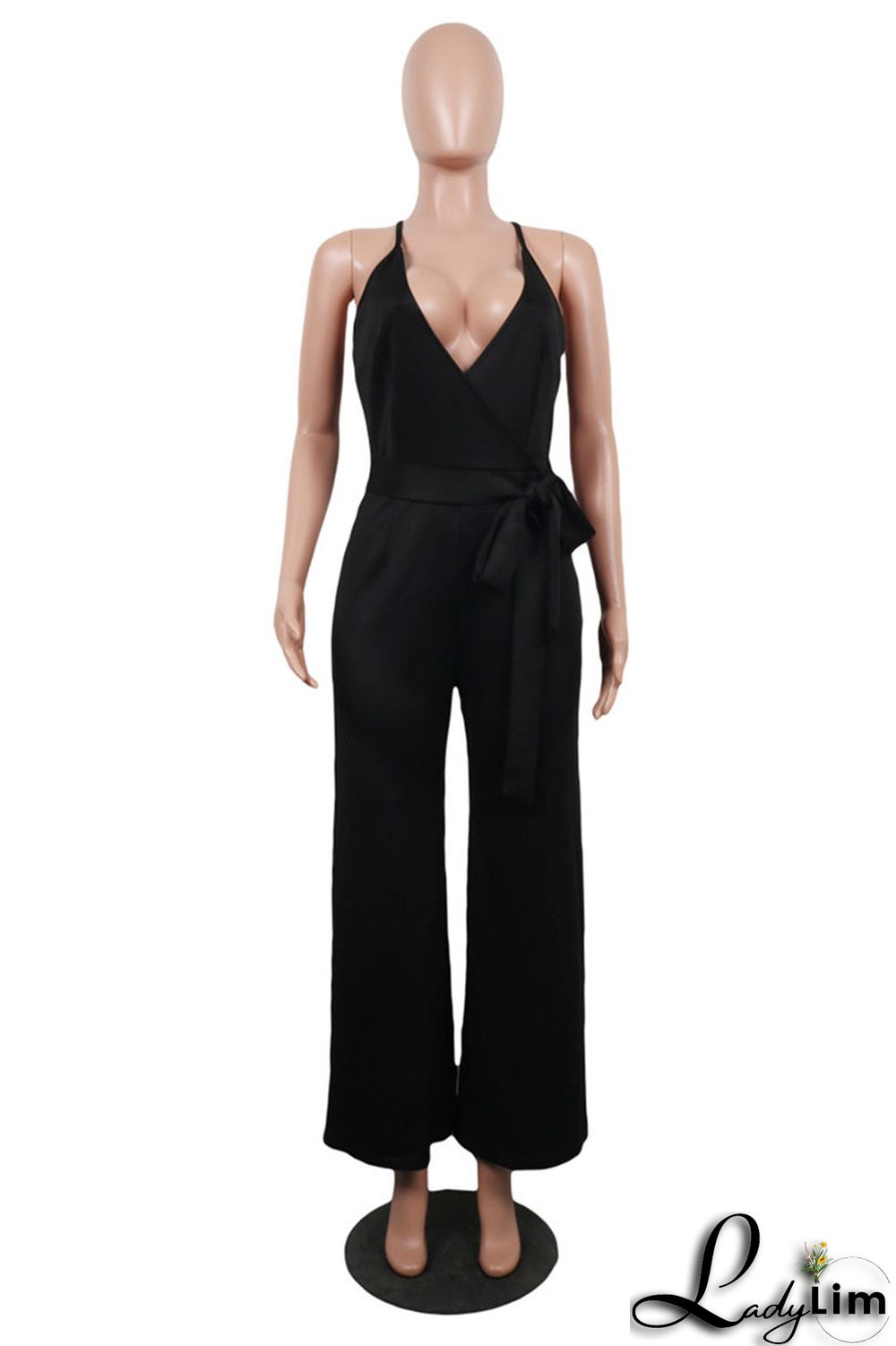 Army Green Sexy Casual Solid Backless V Neck Regular Jumpsuits