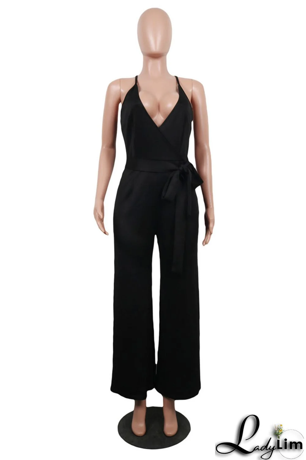 Army Green Sexy Casual Solid Backless V Neck Regular Jumpsuits