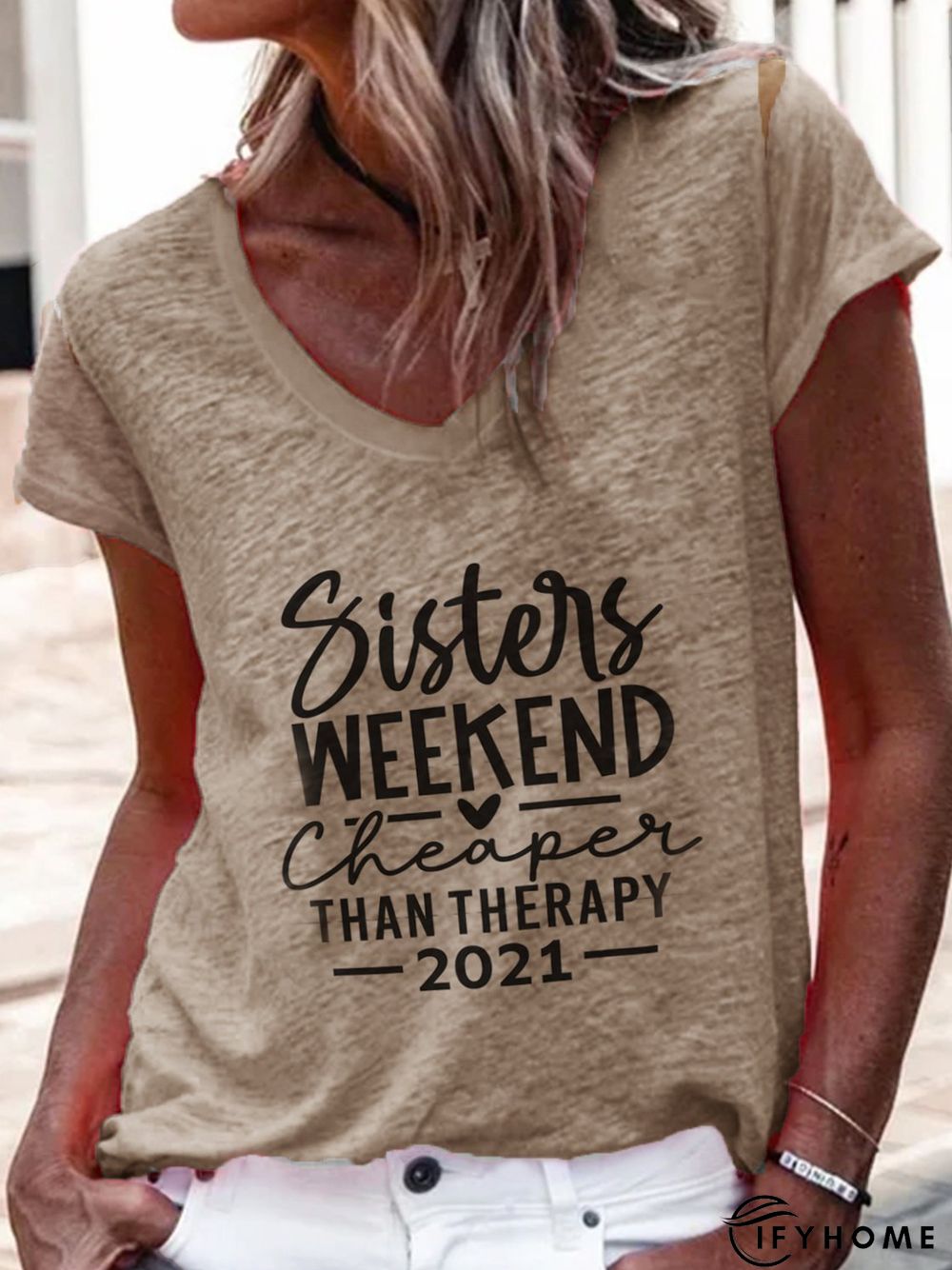 V Neck Letter Casual Cotton-Blend T-shirt | IFYHOME