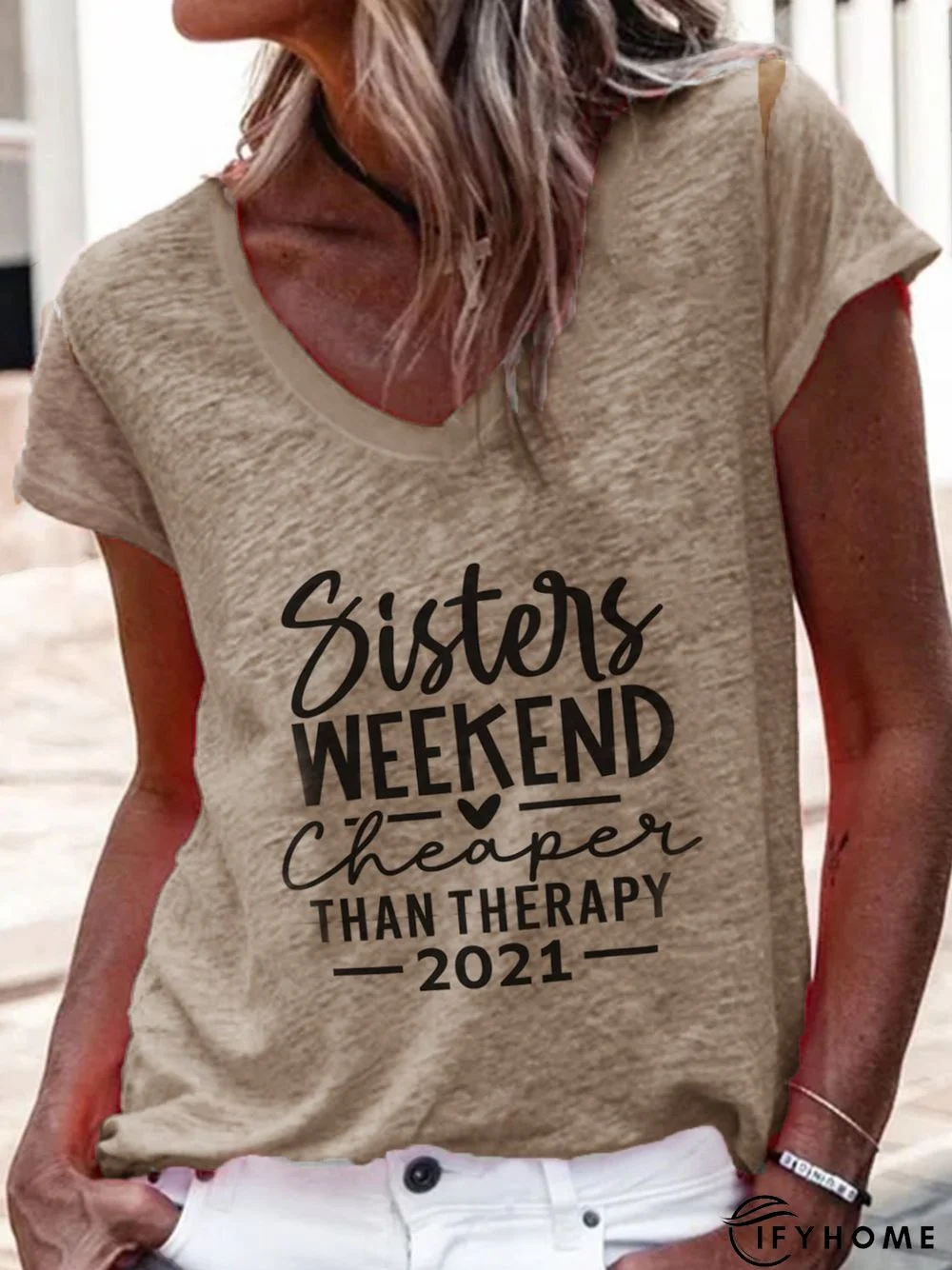 V Neck Letter Casual Cotton-Blend T-shirt | IFYHOME