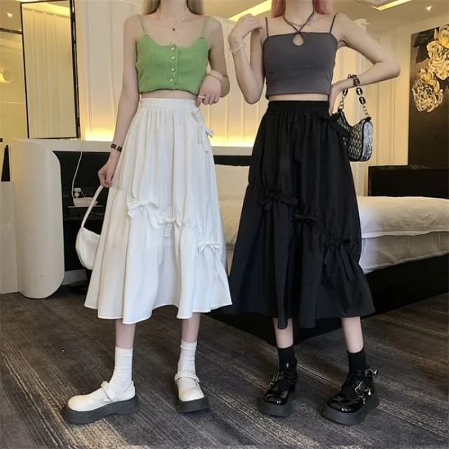 Waist Bow Midi Skirt Plain A-Line High