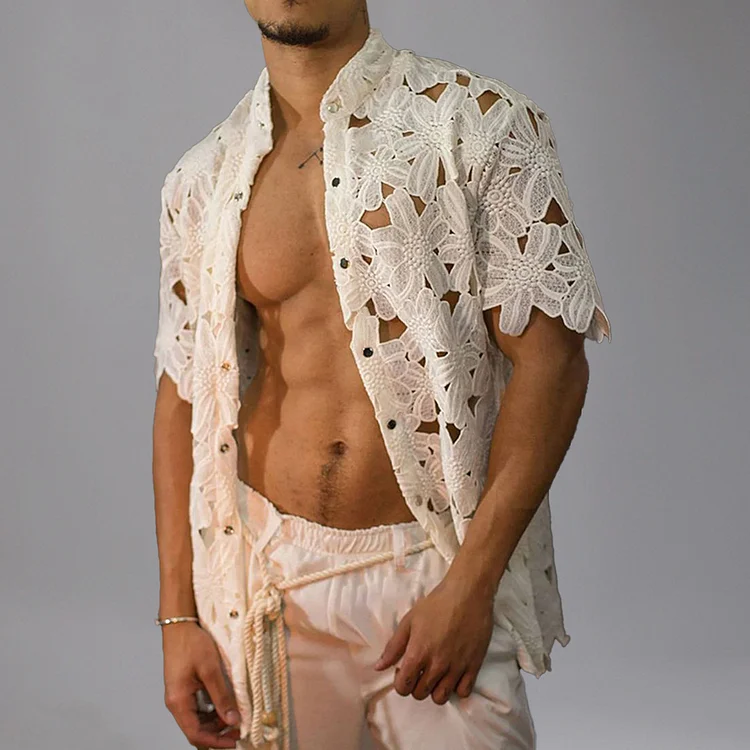 Casual Water-Soluble Lace Hollow Out Stand Collar Button Shirt 