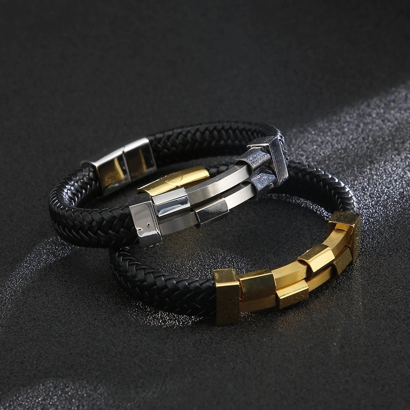 Hip-Hop Retro Color Block Pu Leather Titanium Steel Asymmetrical Plating 18K Gold Plated Men's Bangle