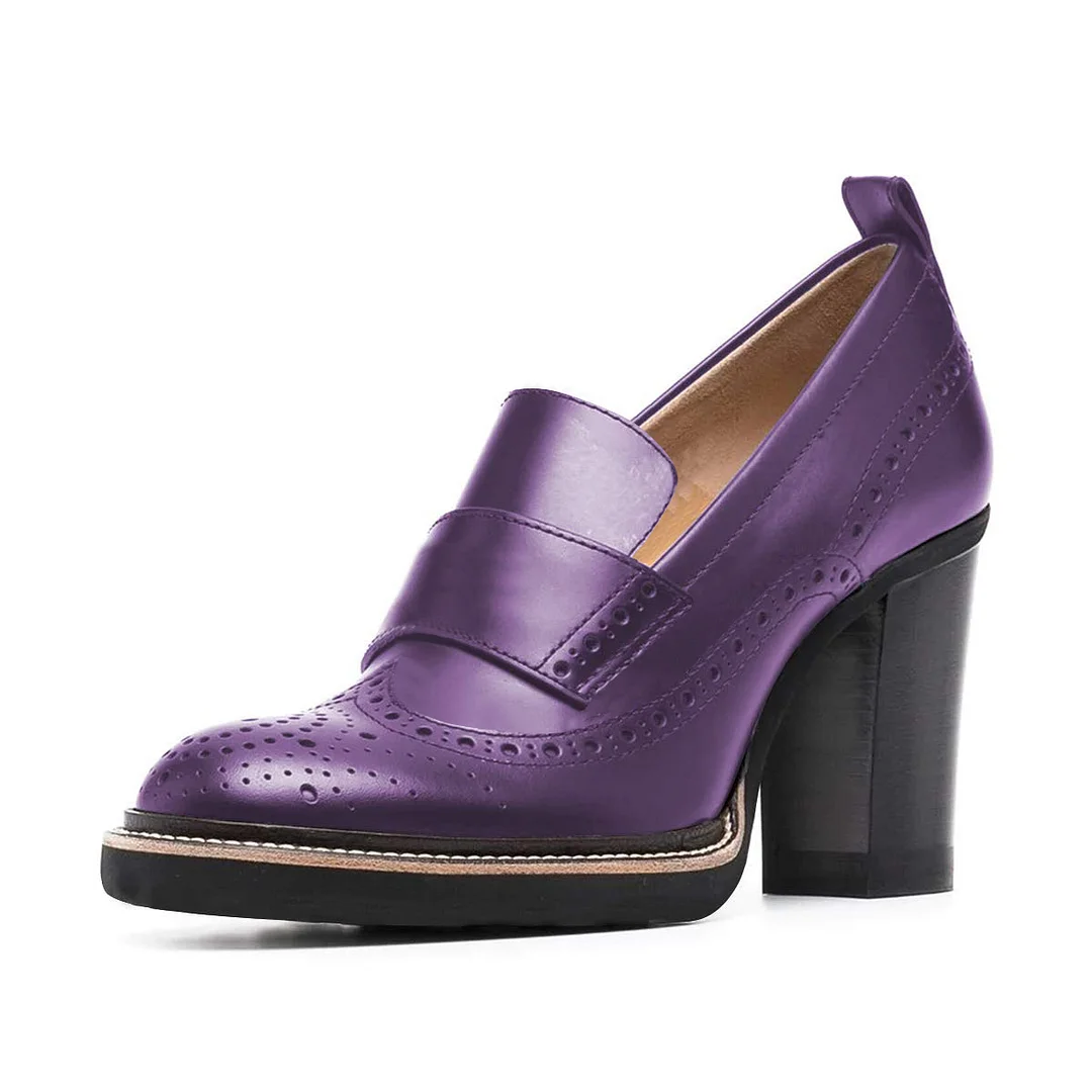 Chic Vegan Leather Round Toe Perforated Loafer Heels in Purple