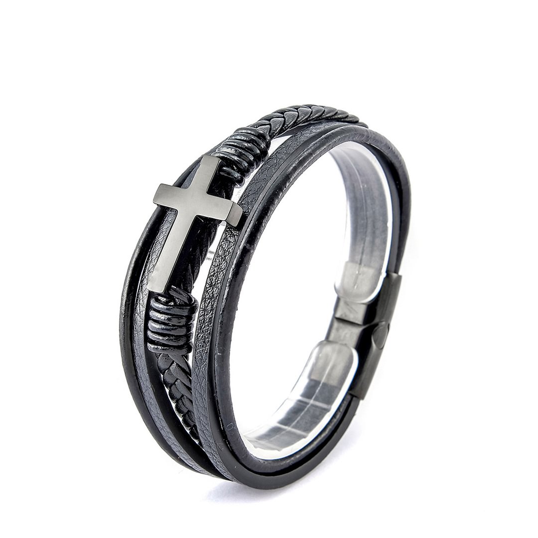 Men's Cross Fashion Layered Braided Leather Bracelet
