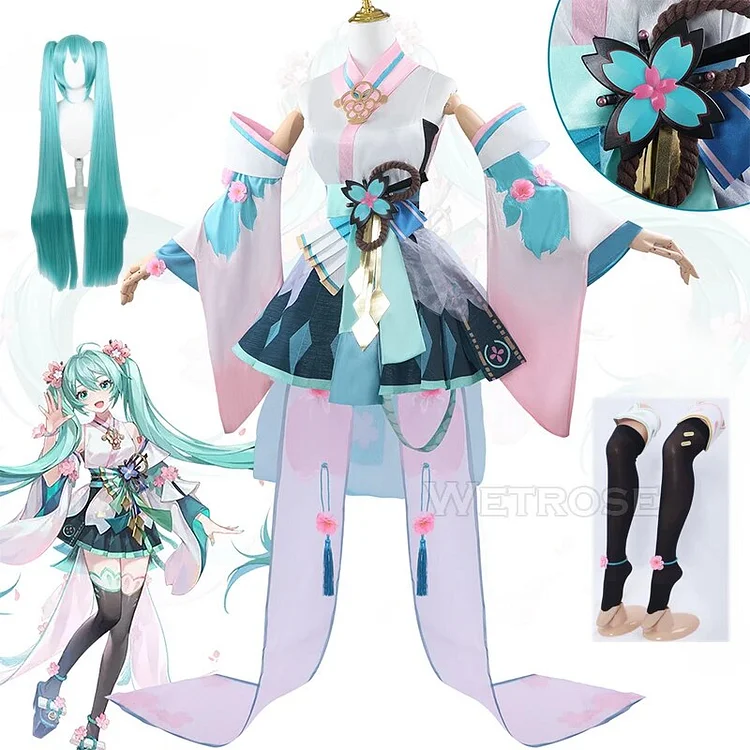 【Wetrose】Hatsune Miku Onmyoji Default Unevolved Cosplay Costume Fairy Dress Kimono Yukata Wig Full Set 