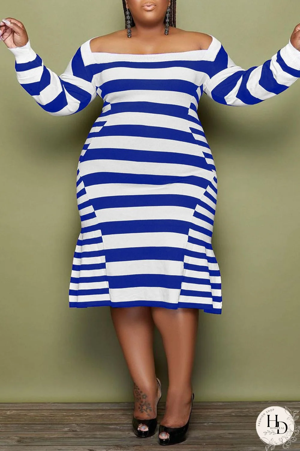 Blue Casual Elegant Striped Print Split Joint Off the Shoulder A Line Plus Size Dresses