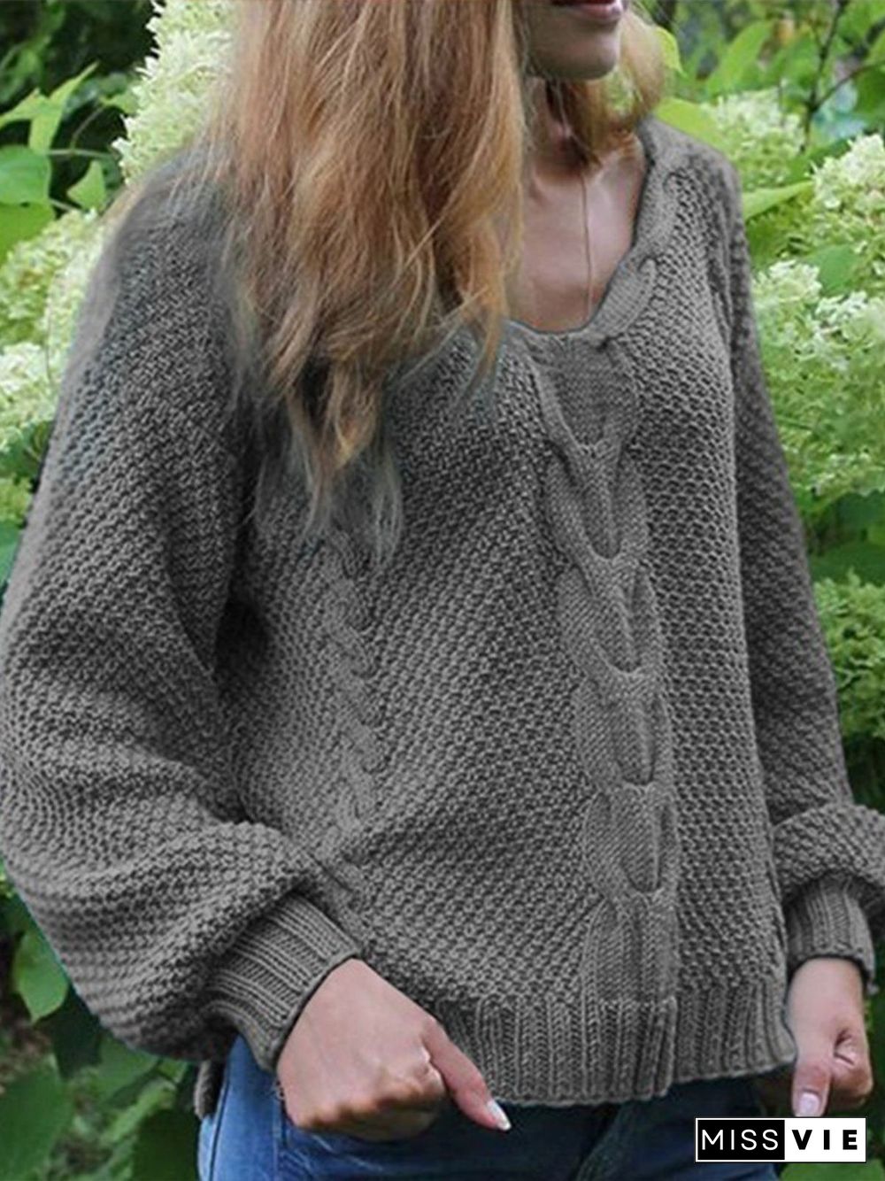 Casual Plain Knitted V-neck Long Sleeve Sweater