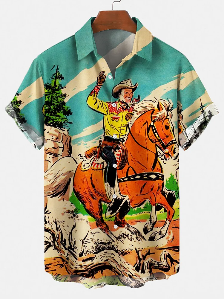 Men's Retro Cowboy Pocket Equestrian Casual Loose Comfortable Shirt at Hiphopee