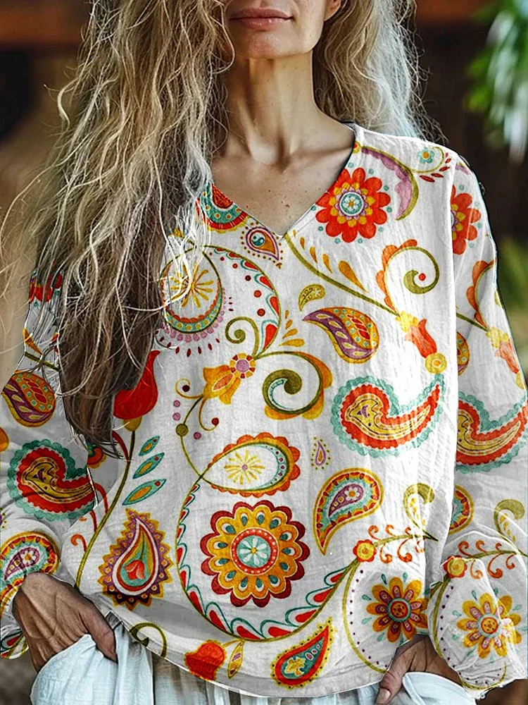 Womens Art Geometric Bohemian Print Casual Long Sleeve Comfortable Cotton Top