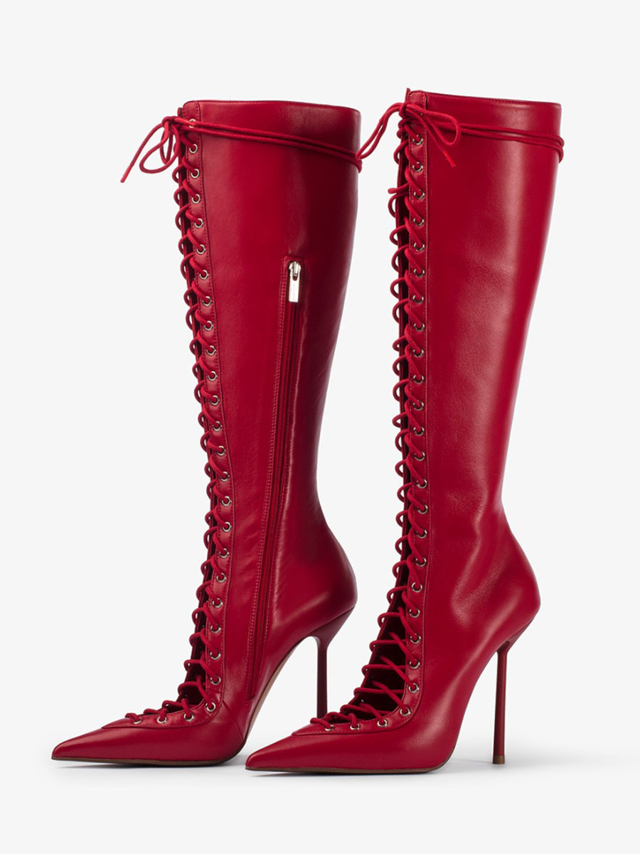 Black Pointed Toe Cut Out Lace Up Knee-High Boots with