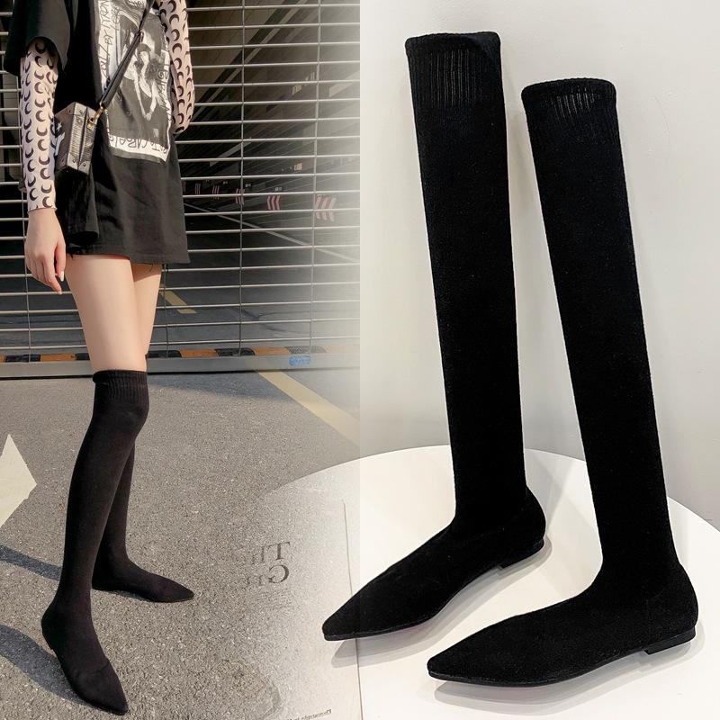 VCSHOES Elastic Over Knee Flat Bottomed Pointed Knitted Boots