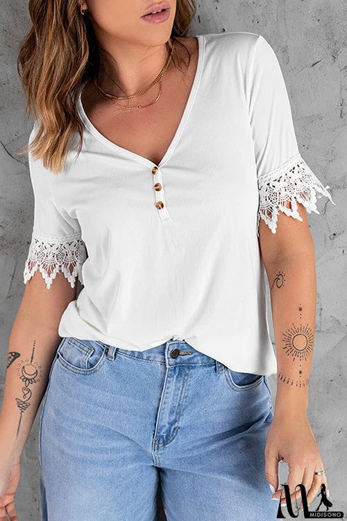 MidiSono - Button V-collar Short Sleeve T-shirt