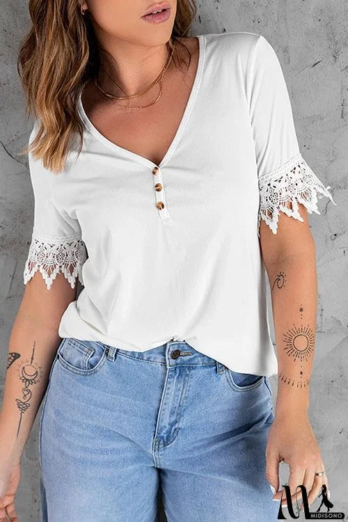 MidiSono - Button V-collar Short Sleeve T-shirt