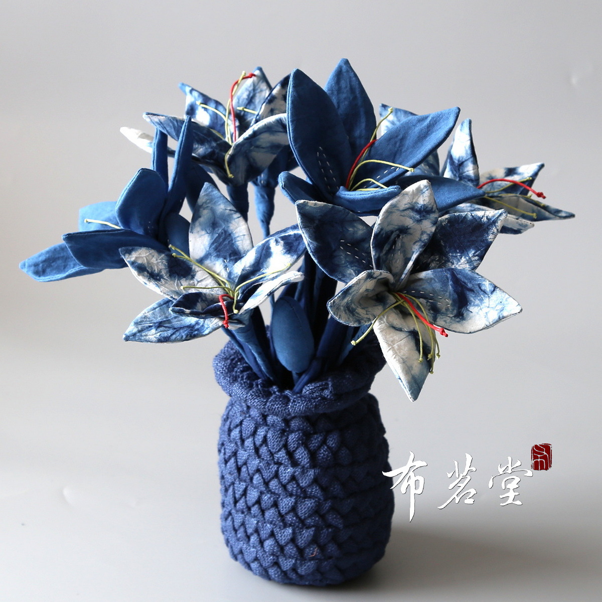 Vintage Blue Dye Crafted Fabric Lilies - Bohemian Hand-Dyed Decor