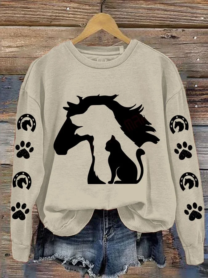 Women's Cat Dog Horse Silhouette Print Crewneck Long Sleeve Sweatshirt socialshop
