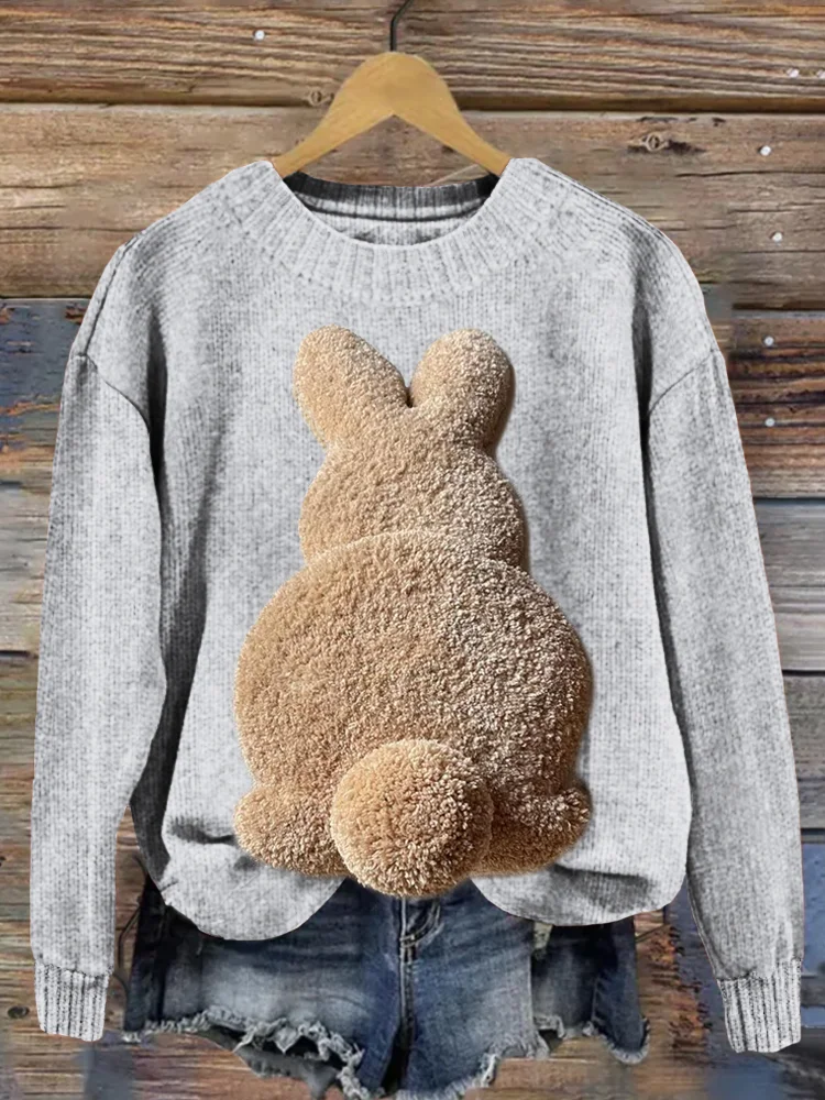 🔥kukelife🔥Fluffy Bunny Crew Neck Vintage Cozy Sweater