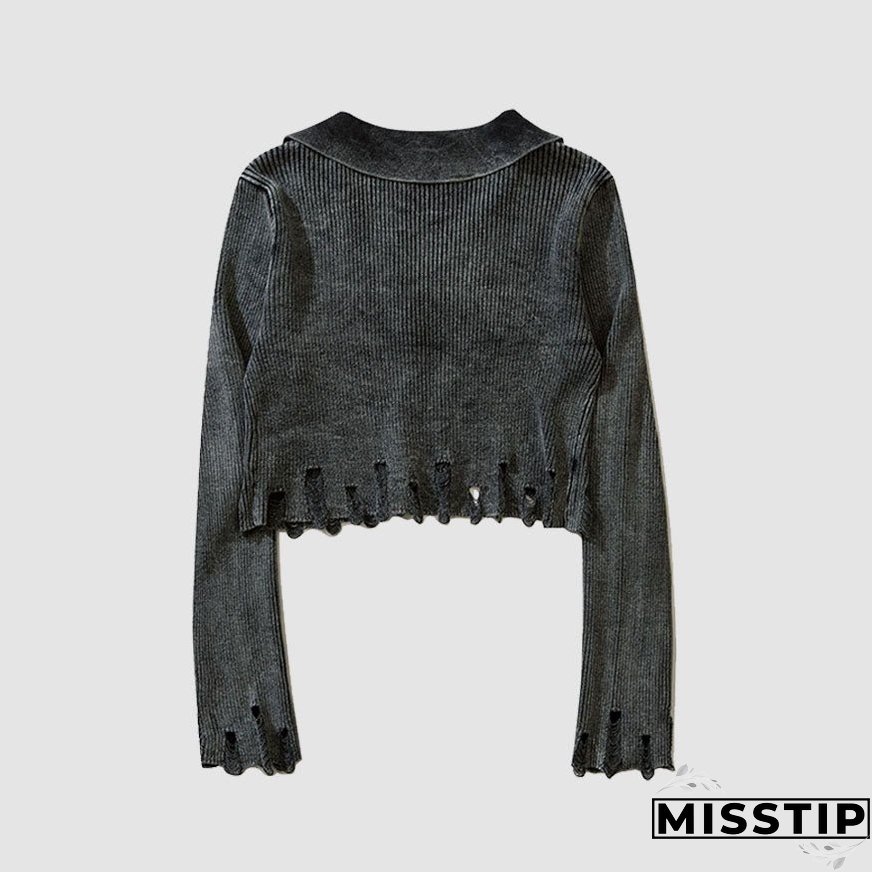 V Neck Distressed Star Button Cropped Cardigan Sweater