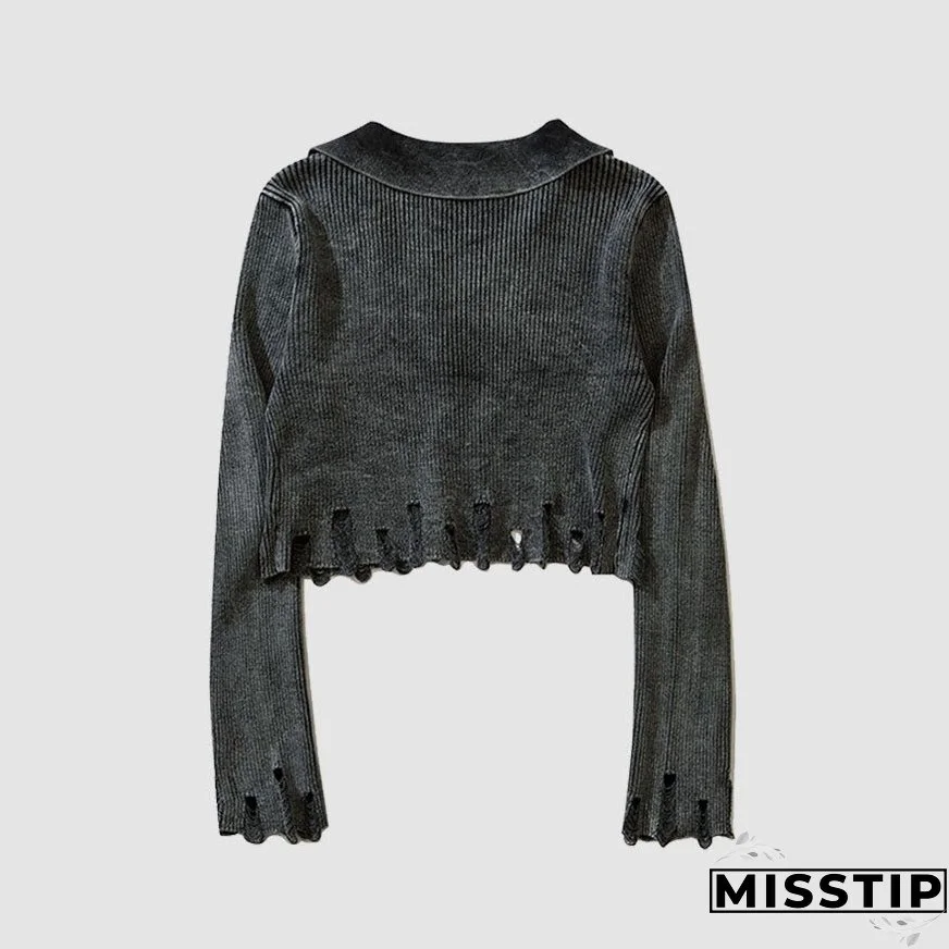 V Neck Distressed Star Button Cropped Cardigan Sweater