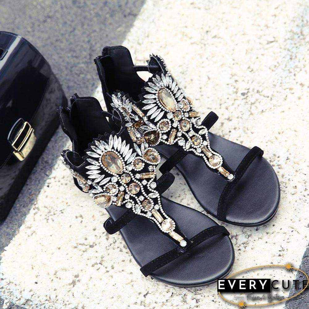 Rhinestone Luxury Diamond Roma Sandal Buckle Strap Flat Sandals