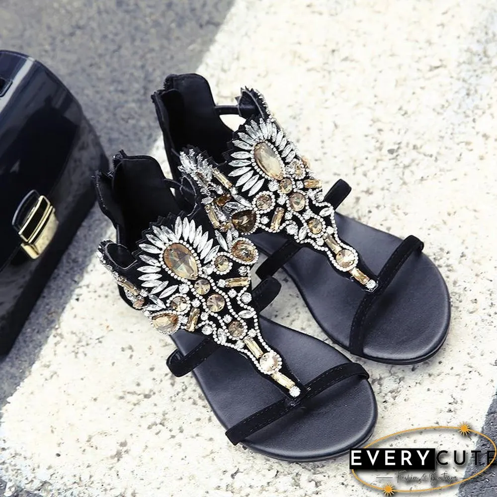 Rhinestone Luxury Diamond Roma Sandal Buckle Strap Flat Sandals