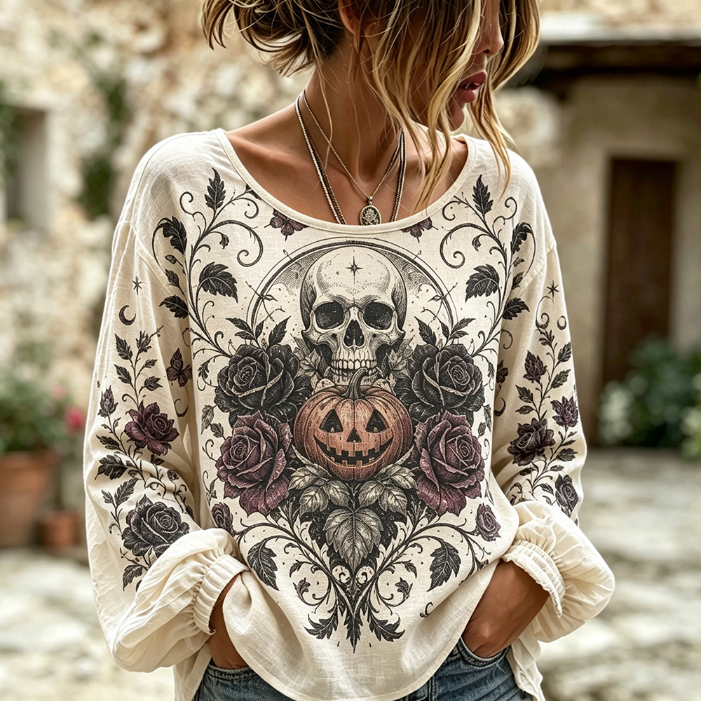 Women's Long Sleeve T-shirt With Human Skull, Jack-o'-lantern, And Rose Motif artswardrobe