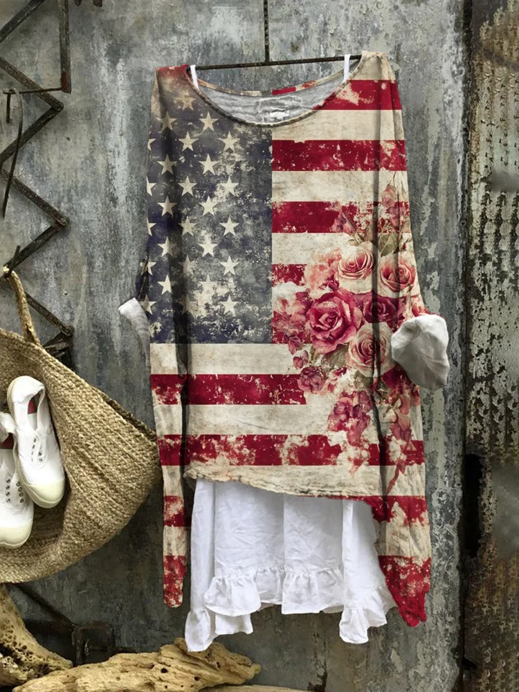 Independence Day Vintage Floral Pattern Women's Flowy Blouse