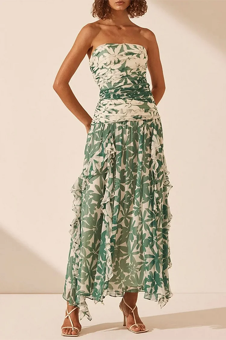 Semi Formal Green Chiffon Floral Print Strapless Ruffle Maxi Dress