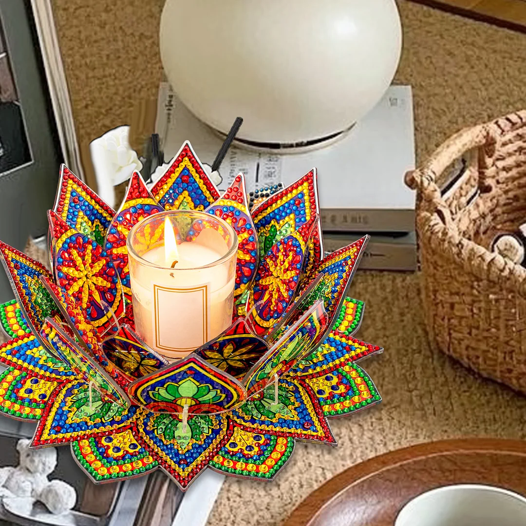 5D DIY Diamond Art Painting DIY Acrylic Desktop Ornament Flower Candle Holders Tealight Handmade Home Office Decor for Adults Beginners ( Yellow and Green Lotus-A)