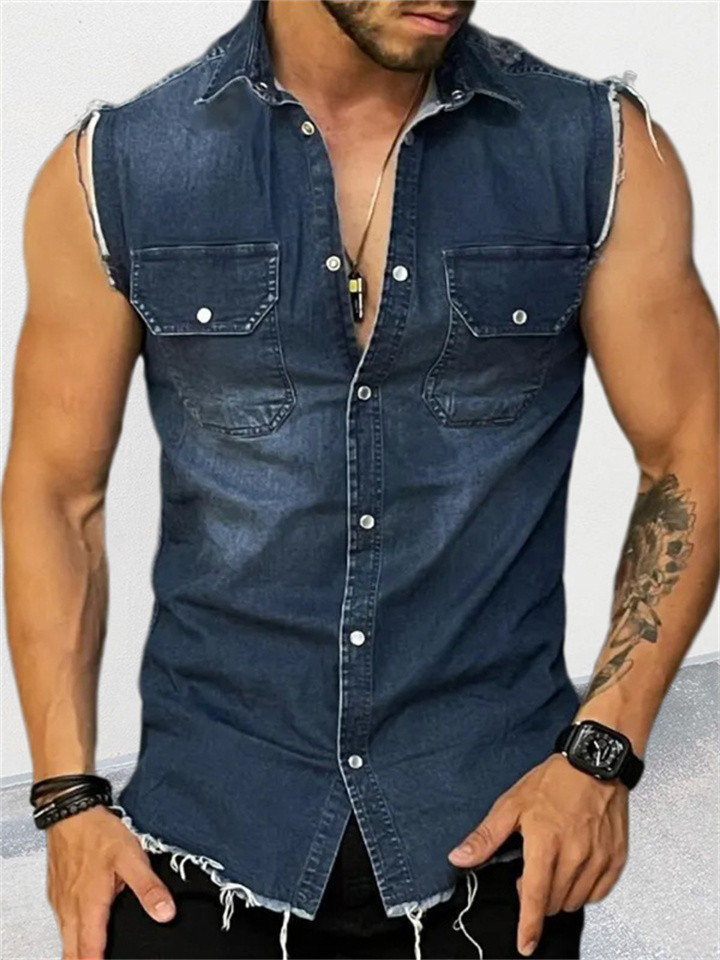 Denim T-shirt Men's Lapel Sleeveless Cardigan Tops Muscle Vests-JRSEE