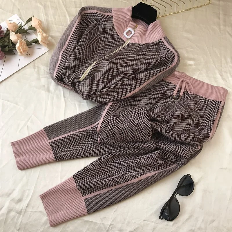 sweater+pants women clothing set casual body suits cardigan pants outfits spring plaid two pieces set woman knitted tracksuits