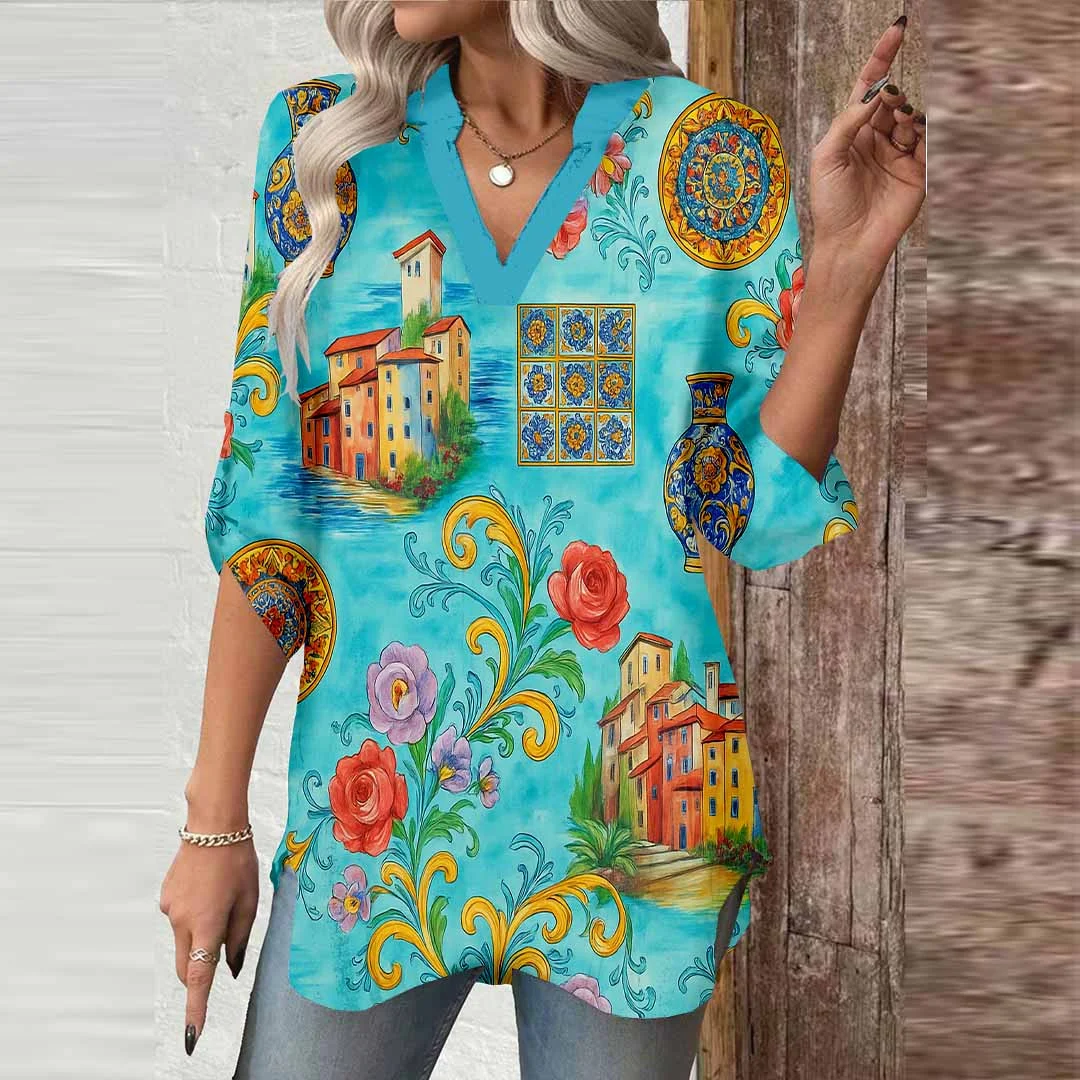 Women Artistic, Blue, Red DZGA0110 3/4 Sleeve V-neck Printed Graphic Button Tops