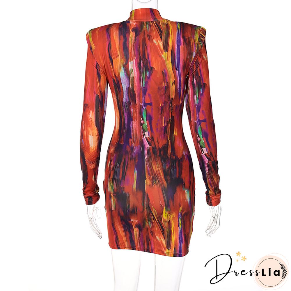 Chicology Women Tie Dye Print Women Long Sleeve Mini Dress Shoulder Pad Bodycon Sexy Streetwear Party Clothes Y2K Outfits