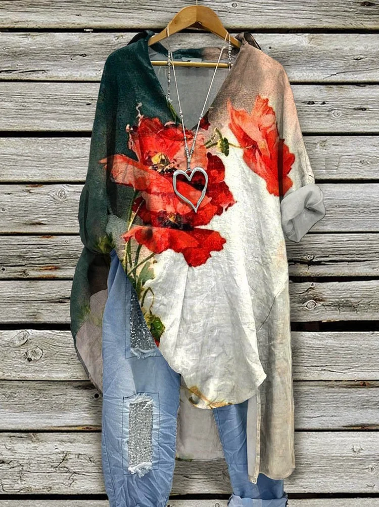 Women's Poppy Print Casual Cotton And Linen Shirtdress