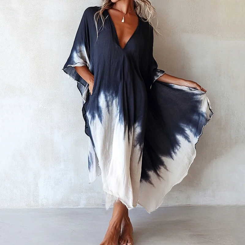 Nomad Spirit Ladies' Brushstroke Symphony Art Tie Dye Linen V-neck Long Kaftan