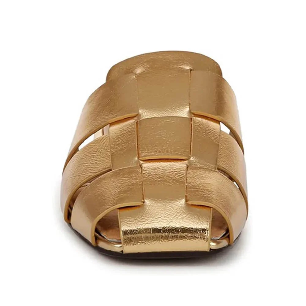 Gold Metallic Finish Square Toe Woven Flat Mule Shoes for Women