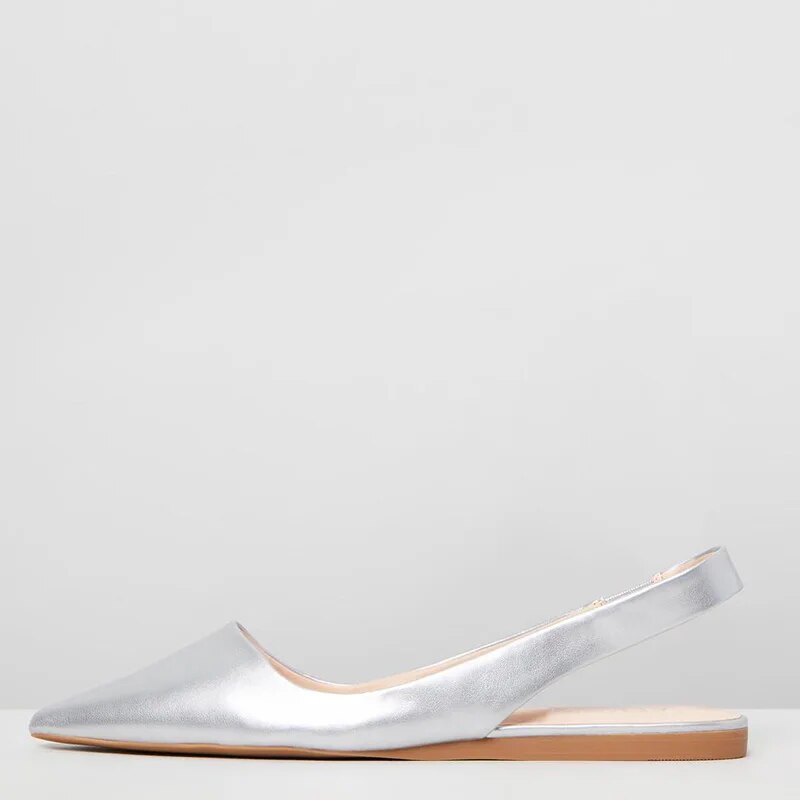 TAAFO Silver Pointed Toe Flat Slingbacks Woman Elastic Band Large Soft Leather For Ladies Casual