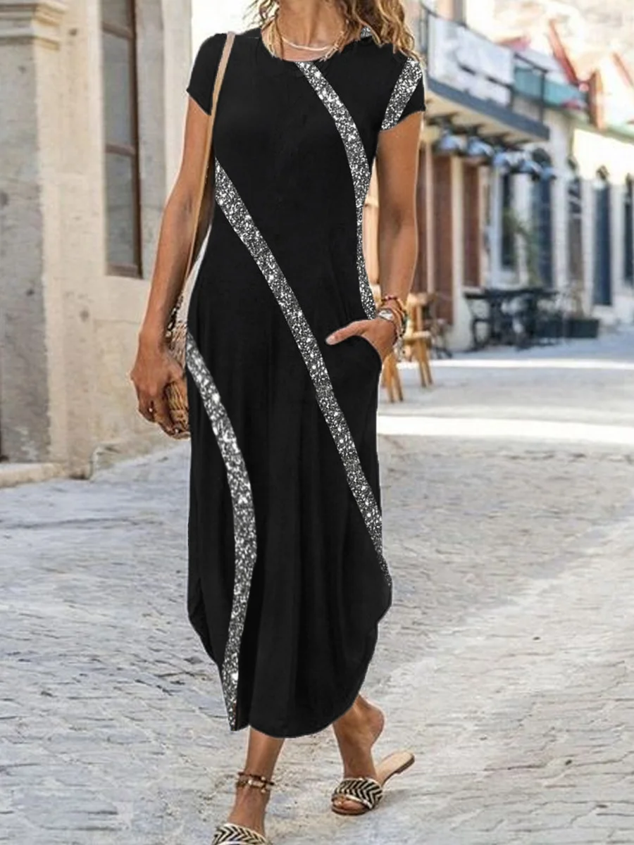 Casual Sequins Print Short Sleeve Maxi Dress