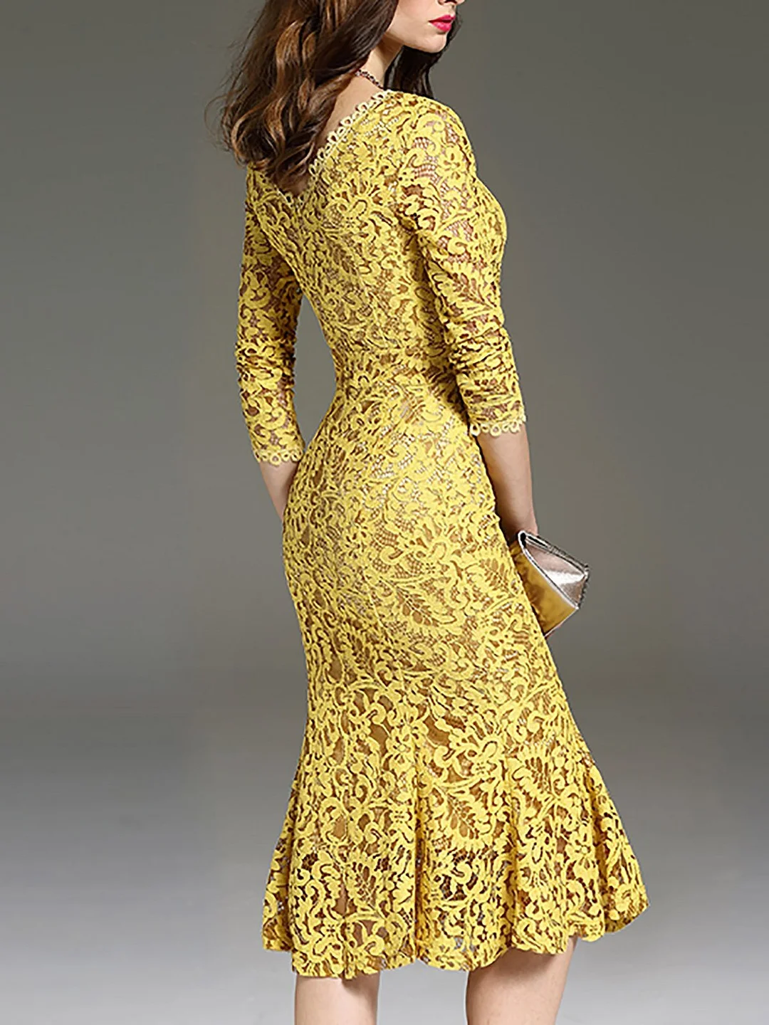 Yellow Flounce Elegant Lace Guipure lace Party Midi Dress