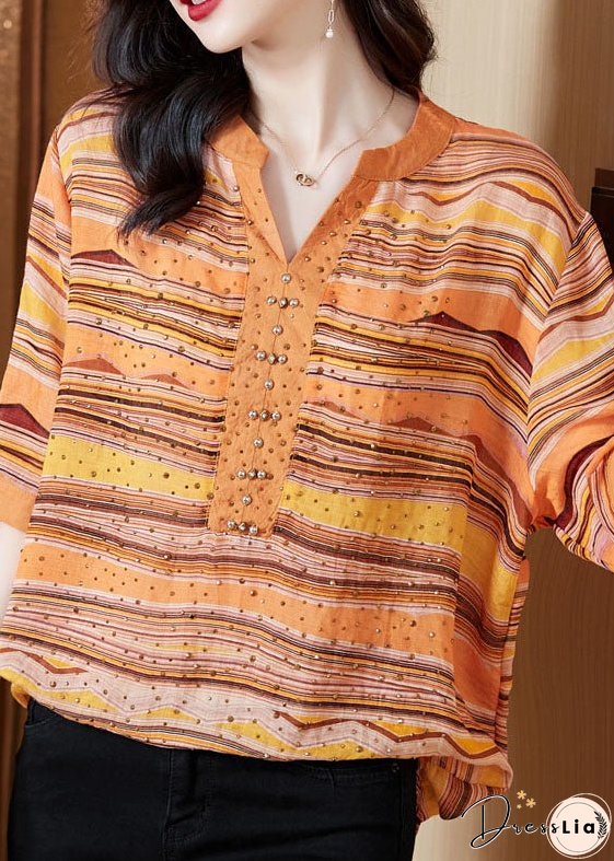 Orange Striped Cotton Shirt V Neck Color Diamond Short Sleeve