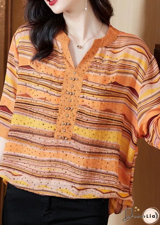 Orange Striped Cotton Shirt V Neck Color Diamond Short Sleeve