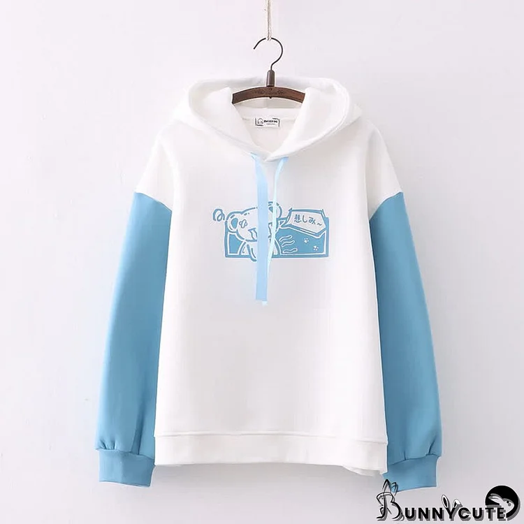 Cartoon Bear Print Colorblock Sleeve Plush Hoodie