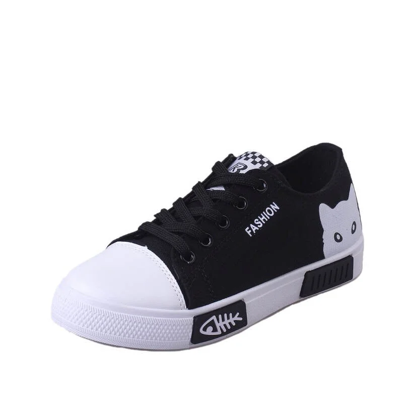 2020 White Black Women Vulcanized Sneakers Breathable Flat Casual White Shoes Cat Woman Spring and Autumn Canvas Shoes