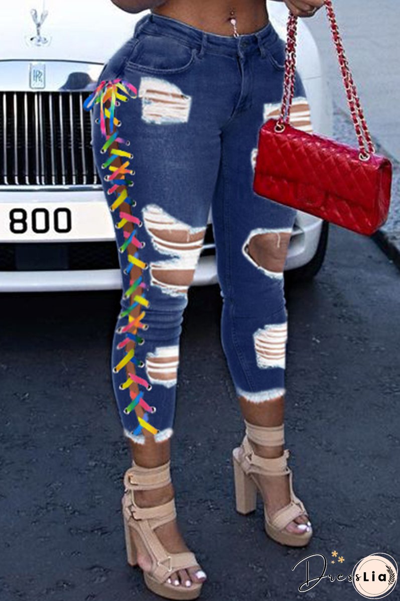 Casual Patchwork Draw String Mid Waist Skinny Denim Jeans