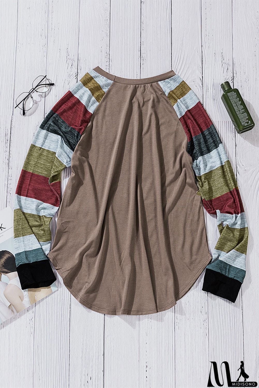 MidiSono - Brown Color Block Long Sleeves Pullover Top