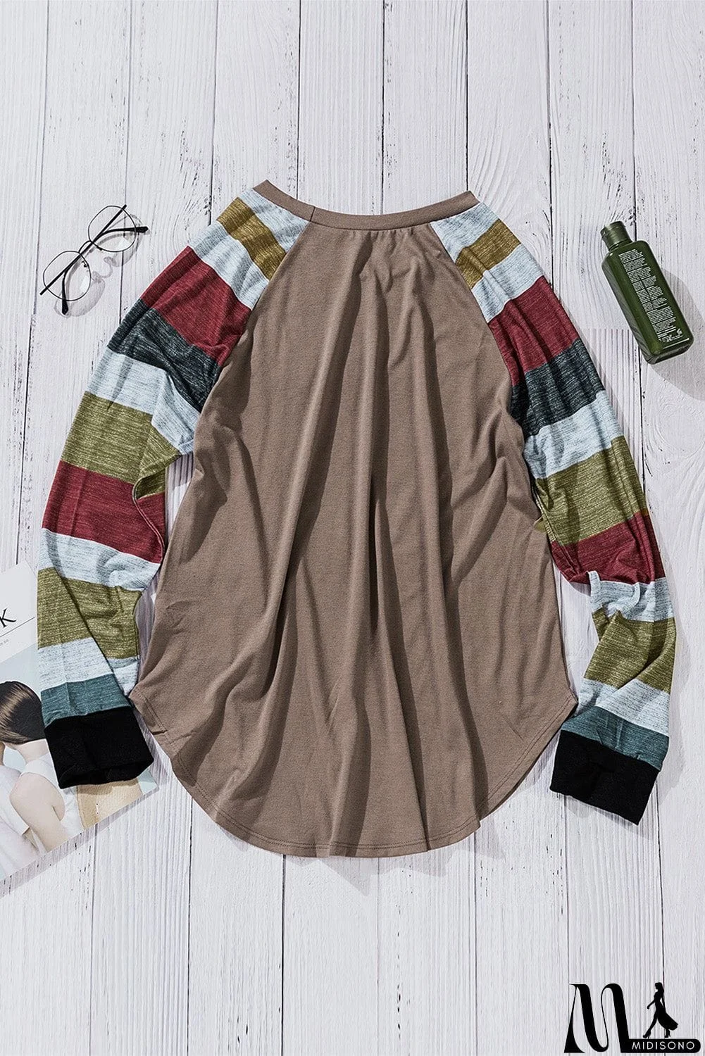 MidiSono - Brown Color Block Long Sleeves Pullover Top