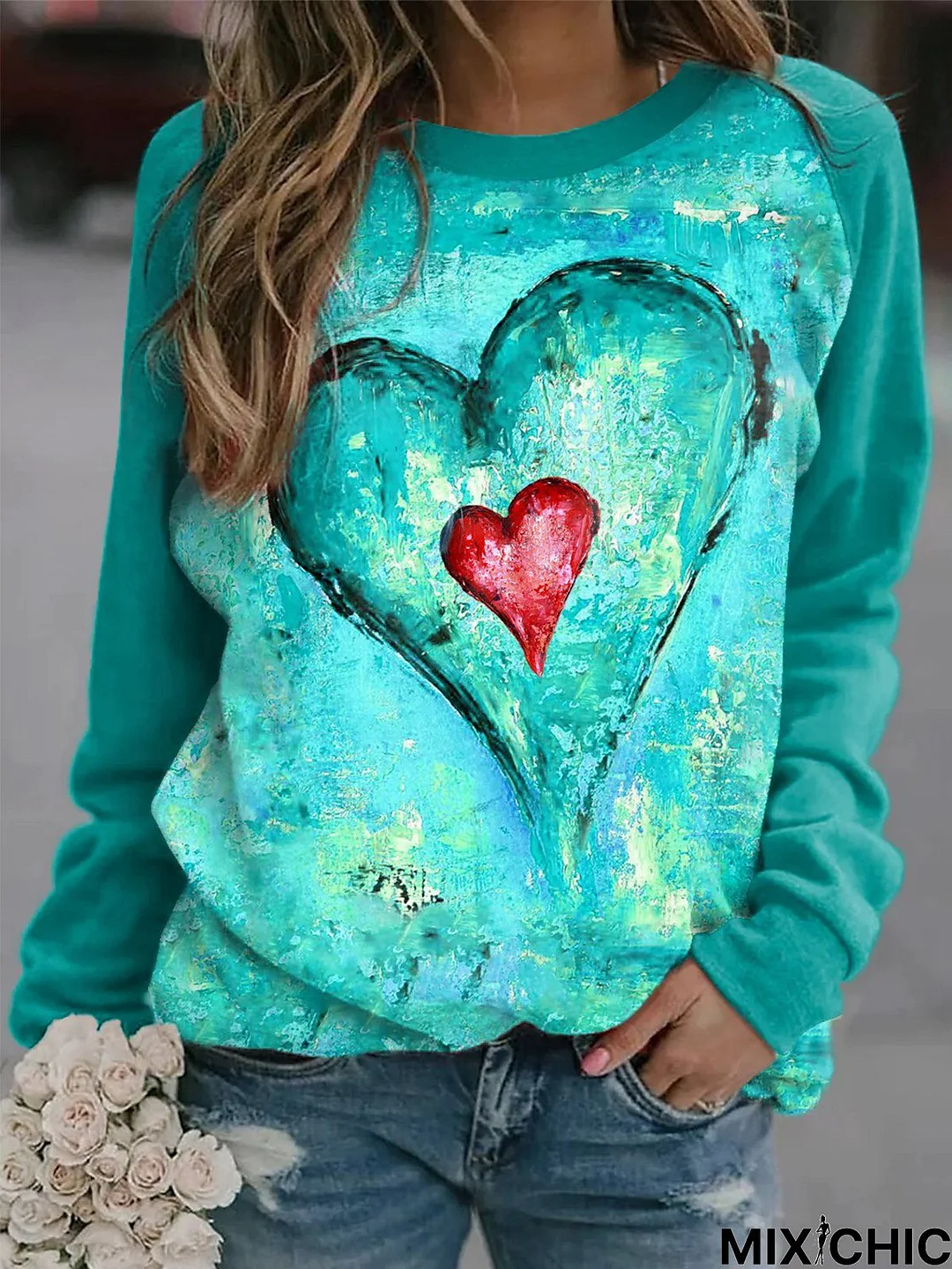 Casual Heart Long Sleeve Round Neck Printed Top Sweatshirt